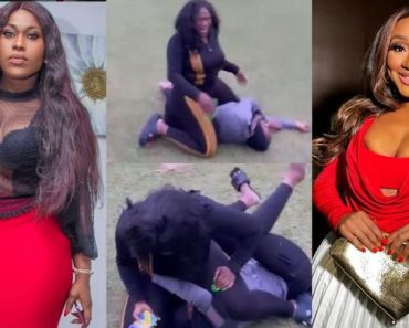 “She fit beat man one on one” – Reactions as Uche Jombo effortlessly beats Ini Edo while on a movie set