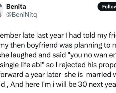 JUST IN: Woman recounts how friend who discouraged her from getting married young went ahead to get married shortly after